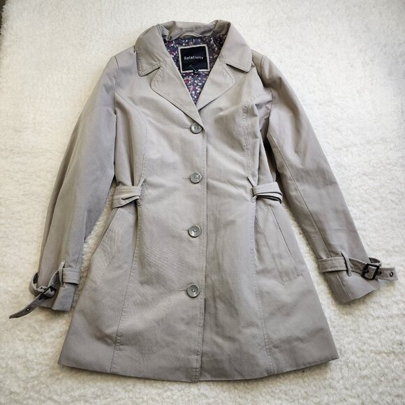 Relativty Jacket Coat Trench Sm Beige Colar Tie Waist Old Money Minimalist Clean - Picture 1 of 9